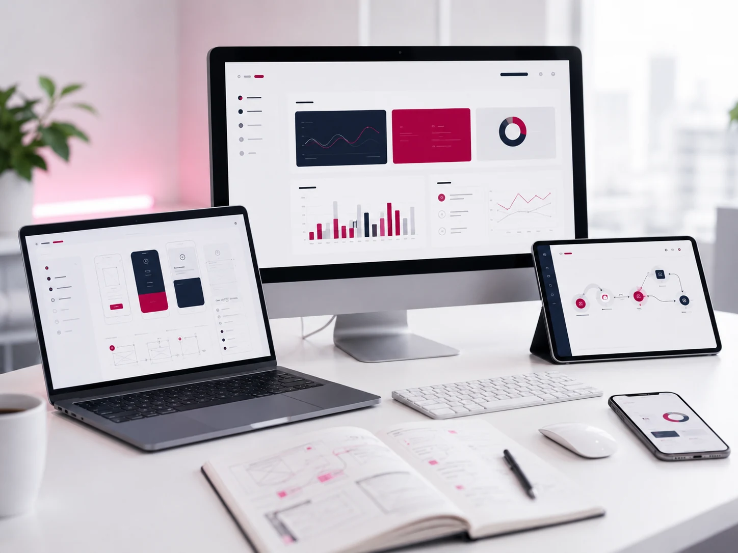 Interface digitale professionnelle présentée sur plusieurs appareils